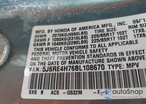 2011 Honda Cr-V Ex-L from USA, damaged, VIN 5J6RE4H76BL108670